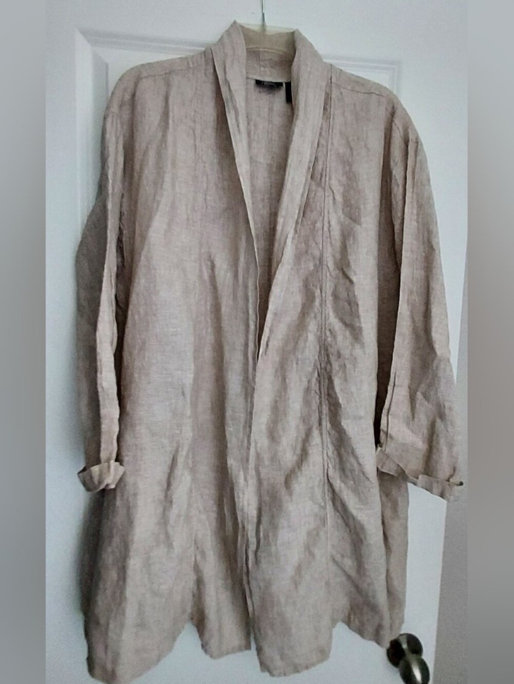Tahari Linen Open Front Cardigan Duster Jacket Tan Beige Oatmeal Med Lagenlook - Picture 1 of 8